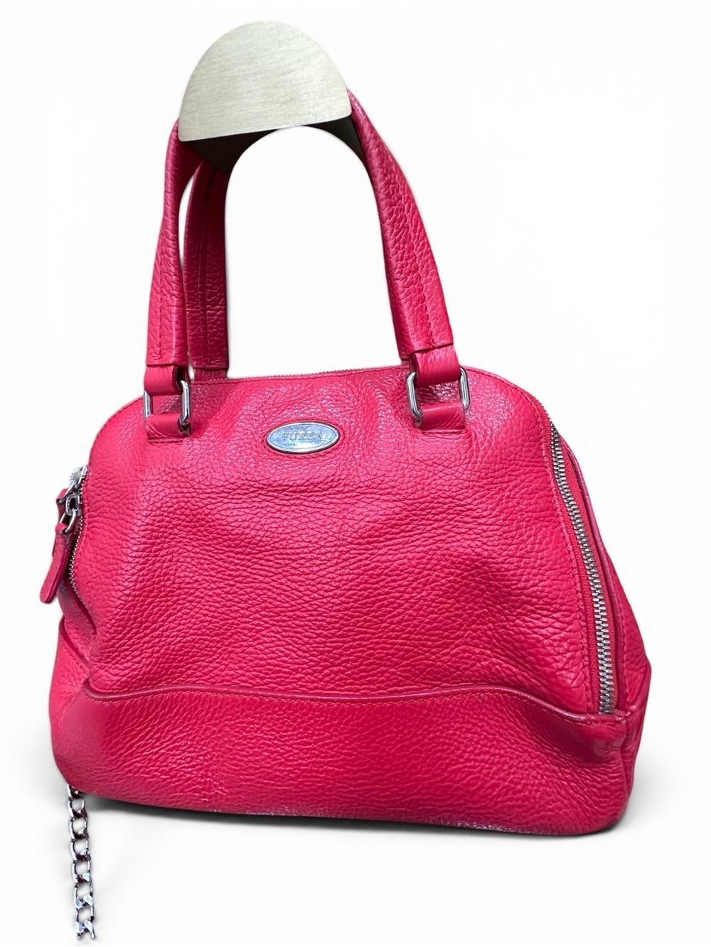 Furla Pebbled Leather Dome Satchel Pink Red Italy Top Handle Crossbody Purse